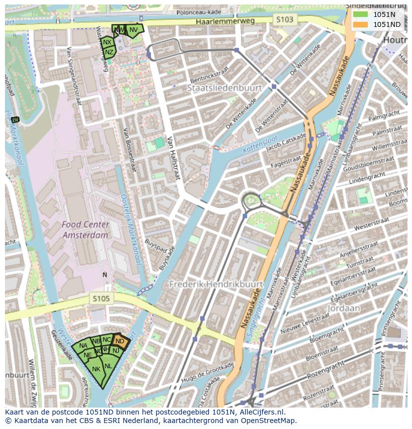Afbeelding van het postcodegebied 1051 ND op de kaart.