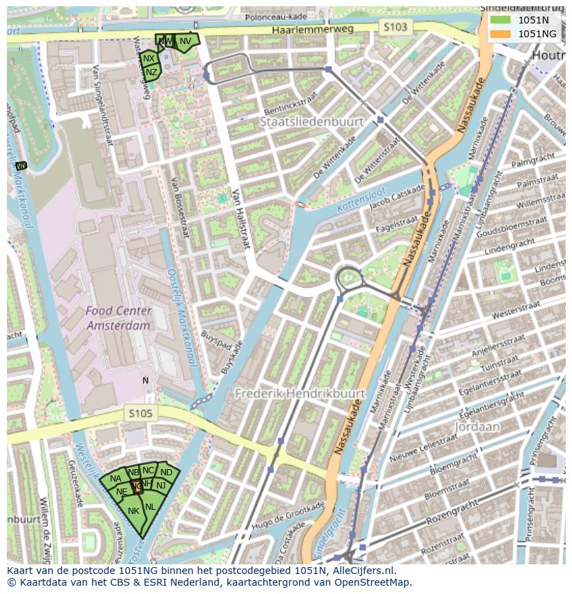 Afbeelding van het postcodegebied 1051 NG op de kaart.