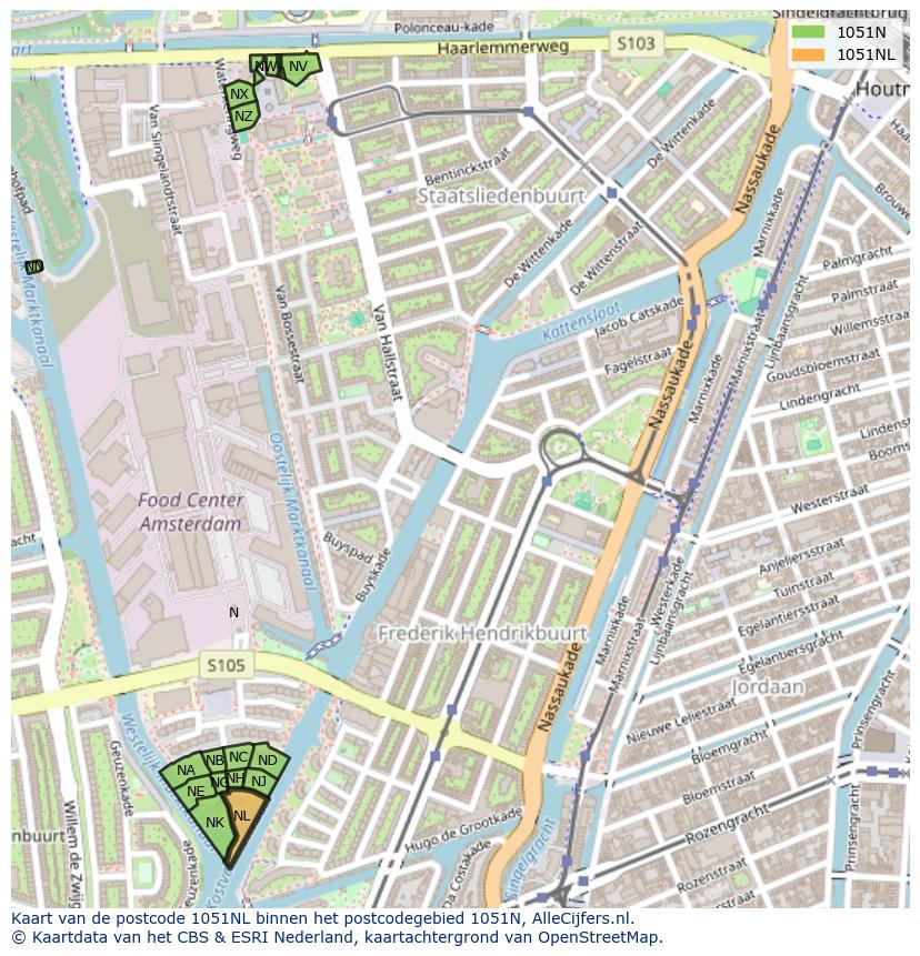 Afbeelding van het postcodegebied 1051 NL op de kaart.