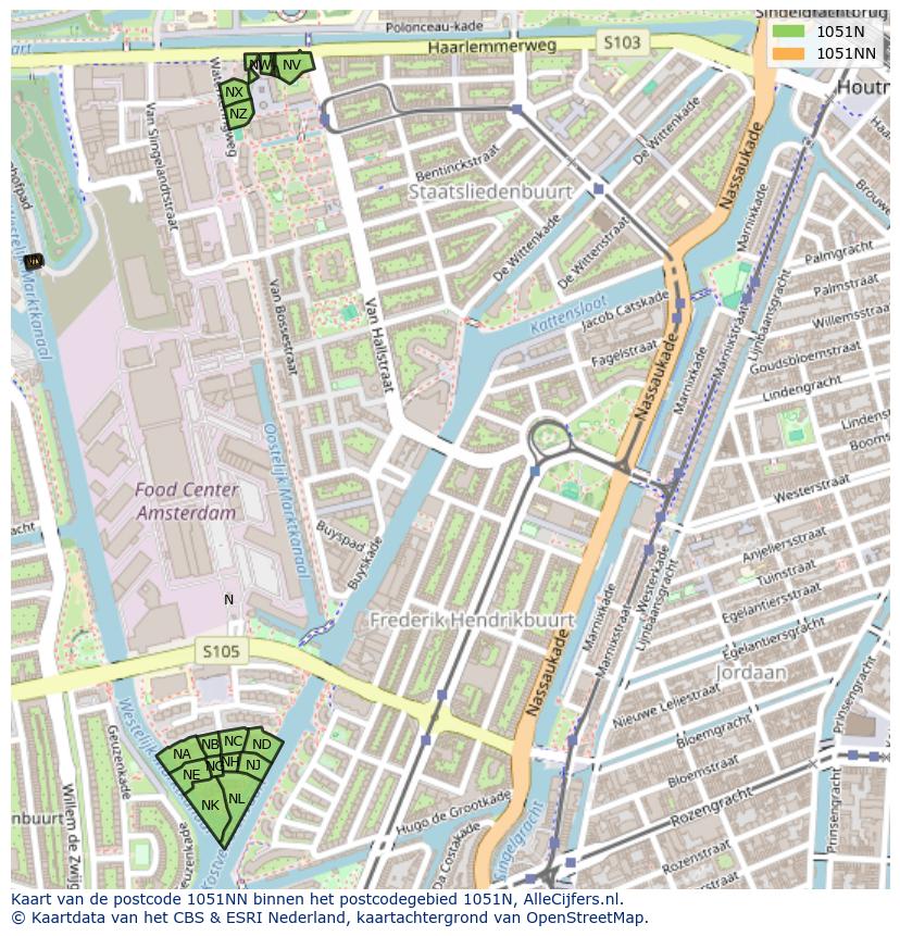 Afbeelding van het postcodegebied 1051 NN op de kaart.