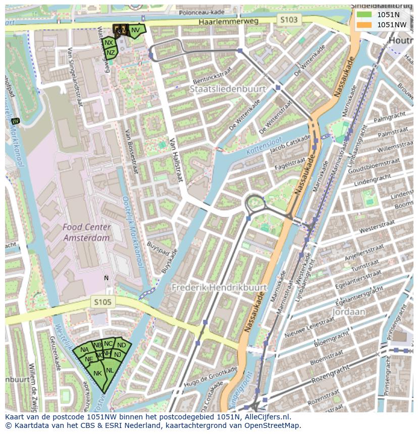 Afbeelding van het postcodegebied 1051 NW op de kaart.