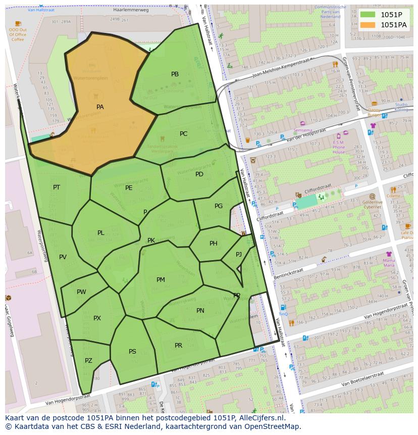 Afbeelding van het postcodegebied 1051 PA op de kaart.