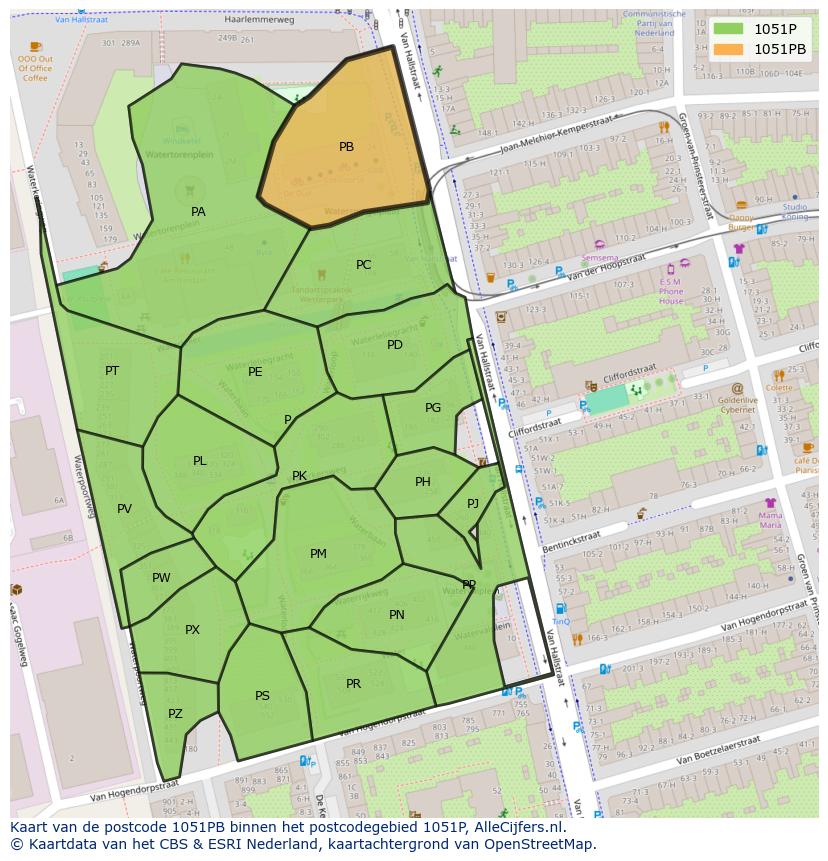 Afbeelding van het postcodegebied 1051 PB op de kaart.