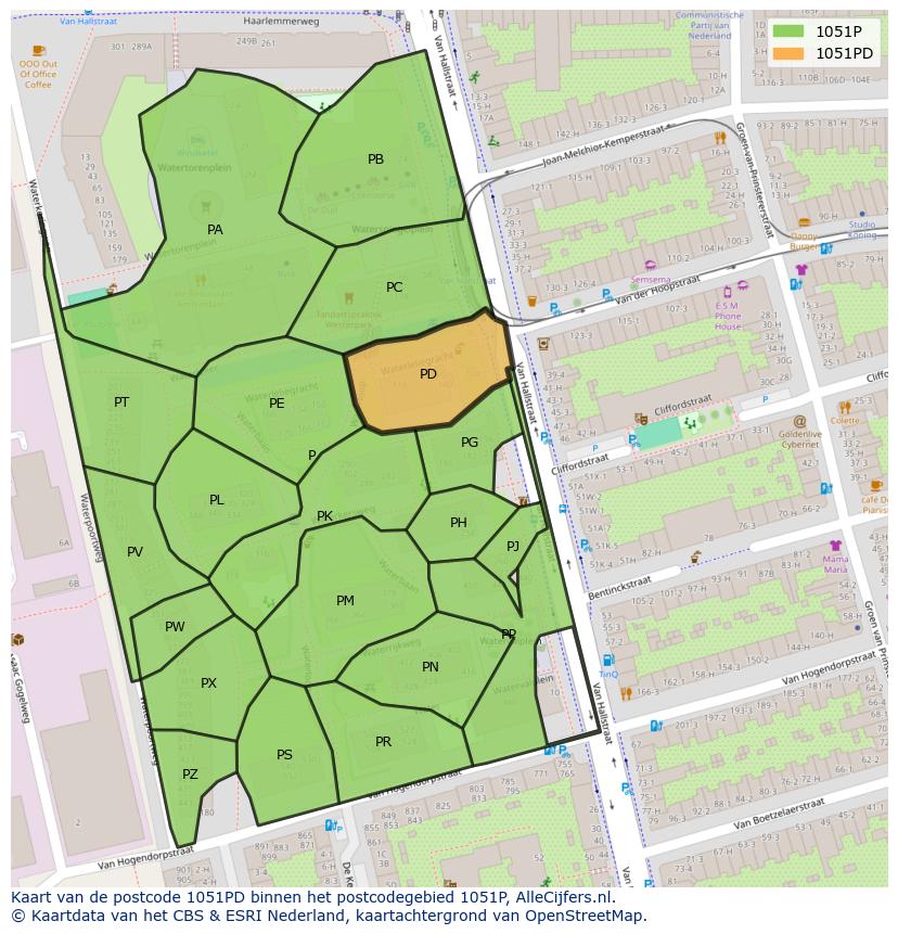 Afbeelding van het postcodegebied 1051 PD op de kaart.