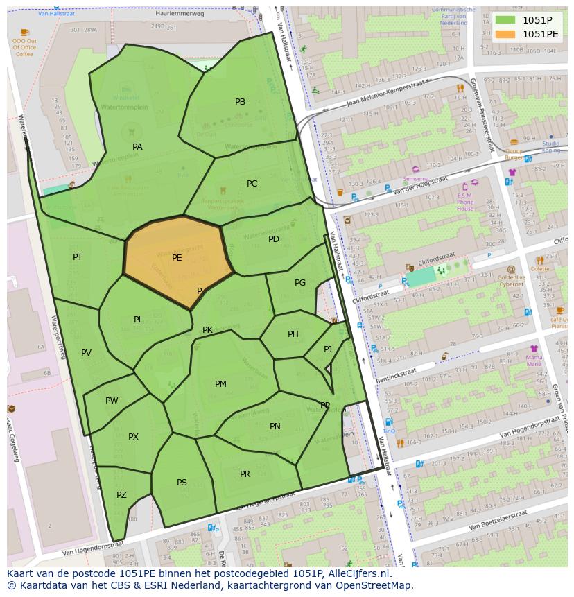 Afbeelding van het postcodegebied 1051 PE op de kaart.