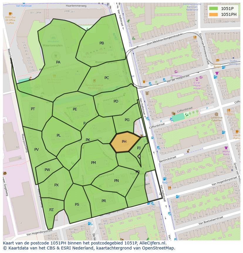 Afbeelding van het postcodegebied 1051 PH op de kaart.