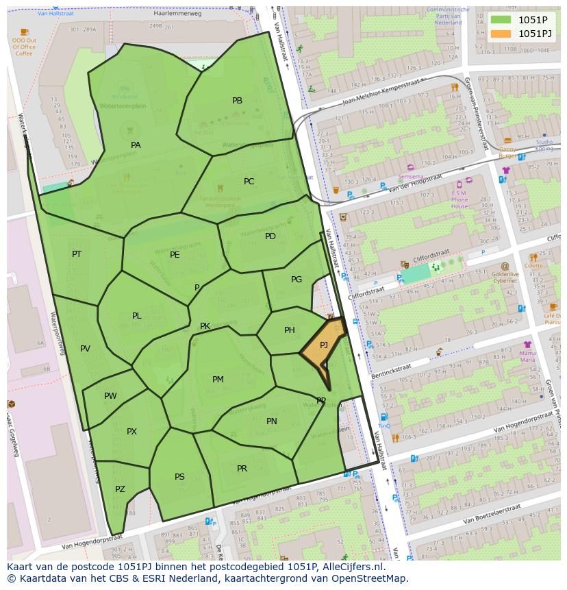 Afbeelding van het postcodegebied 1051 PJ op de kaart.