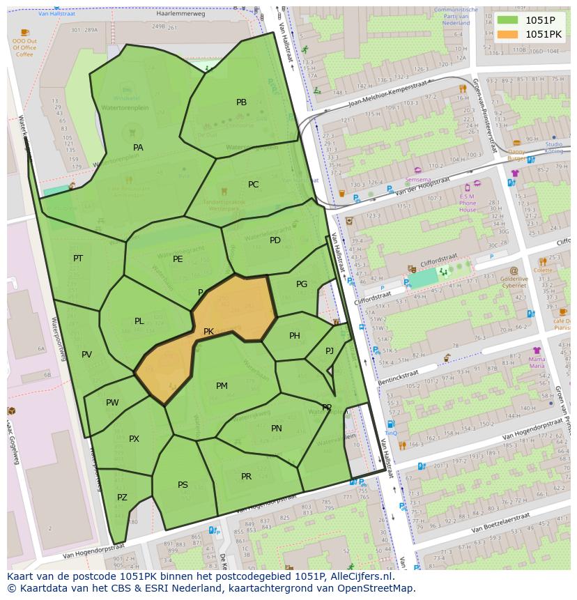 Afbeelding van het postcodegebied 1051 PK op de kaart.