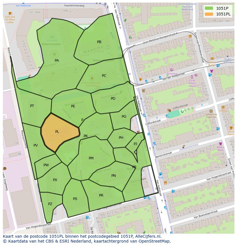 Afbeelding van het postcodegebied 1051 PL op de kaart.