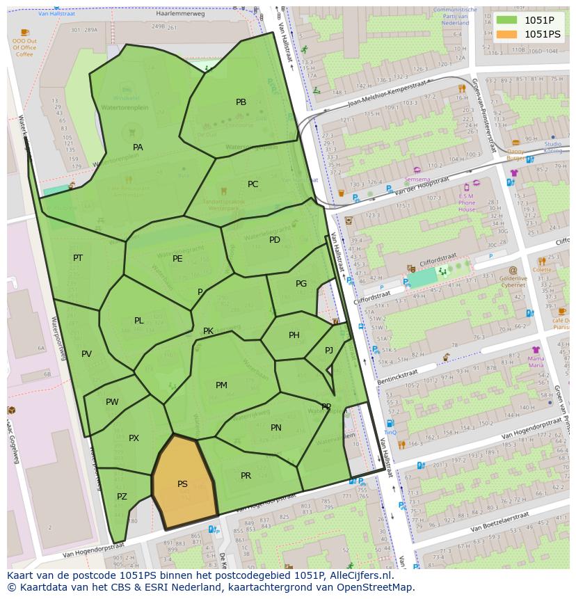 Afbeelding van het postcodegebied 1051 PS op de kaart.