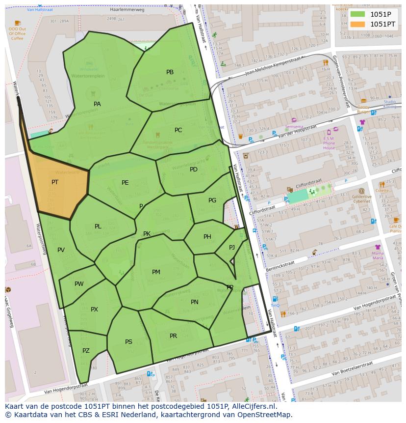 Afbeelding van het postcodegebied 1051 PT op de kaart.