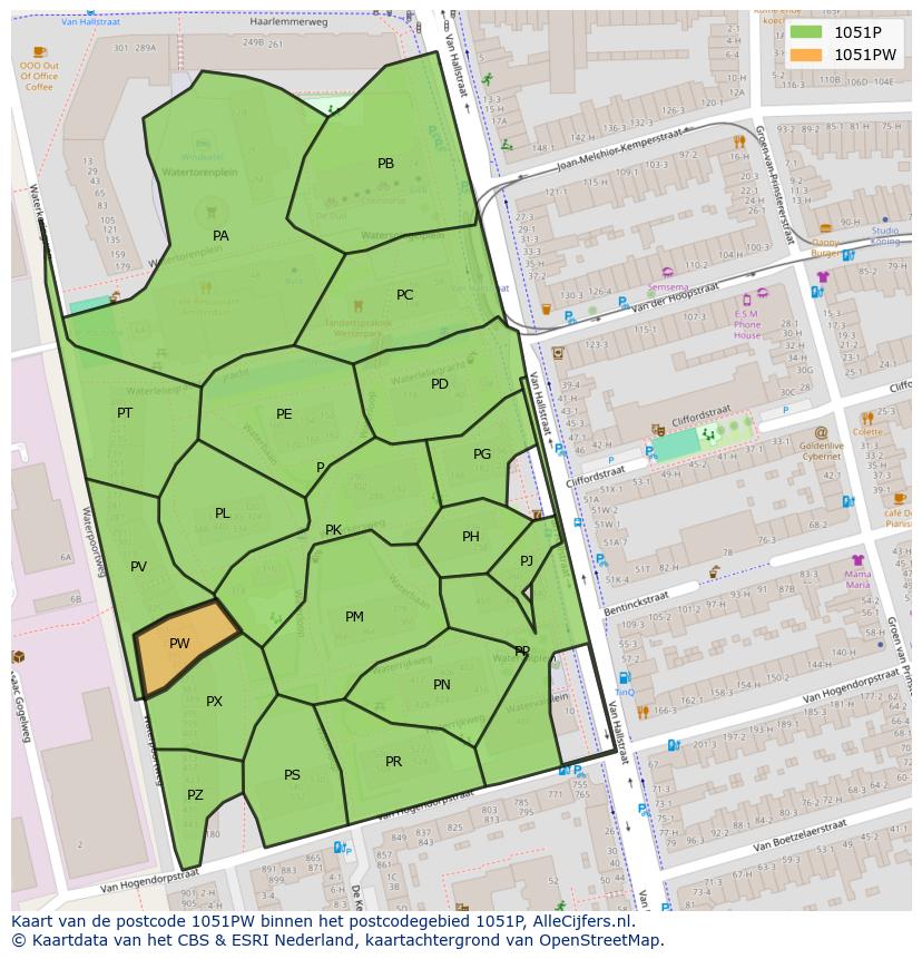 Afbeelding van het postcodegebied 1051 PW op de kaart.