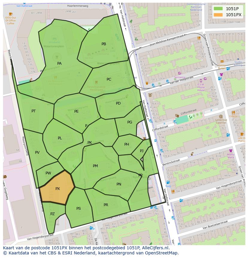 Afbeelding van het postcodegebied 1051 PX op de kaart.