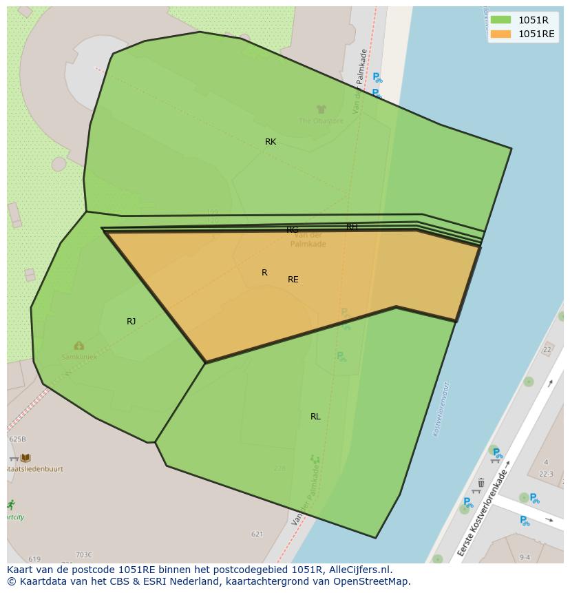 Afbeelding van het postcodegebied 1051 RE op de kaart.