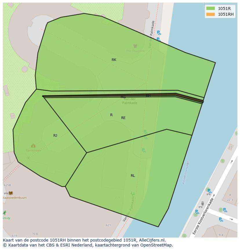 Afbeelding van het postcodegebied 1051 RH op de kaart.