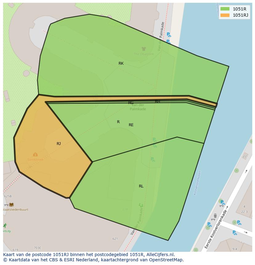 Afbeelding van het postcodegebied 1051 RJ op de kaart.