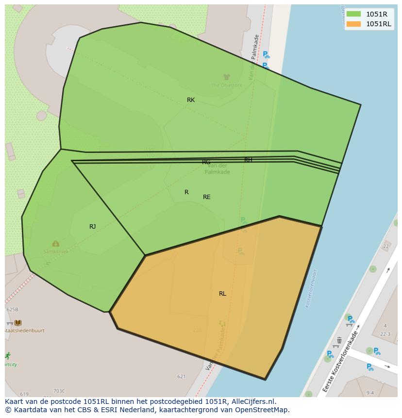 Afbeelding van het postcodegebied 1051 RL op de kaart.