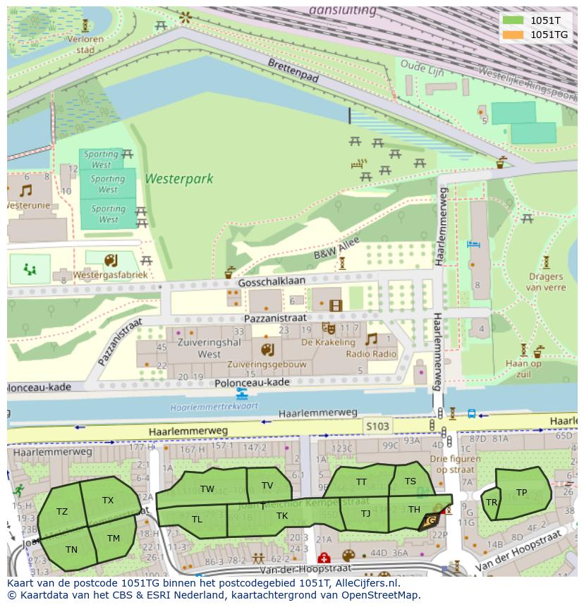 Afbeelding van het postcodegebied 1051 TG op de kaart.