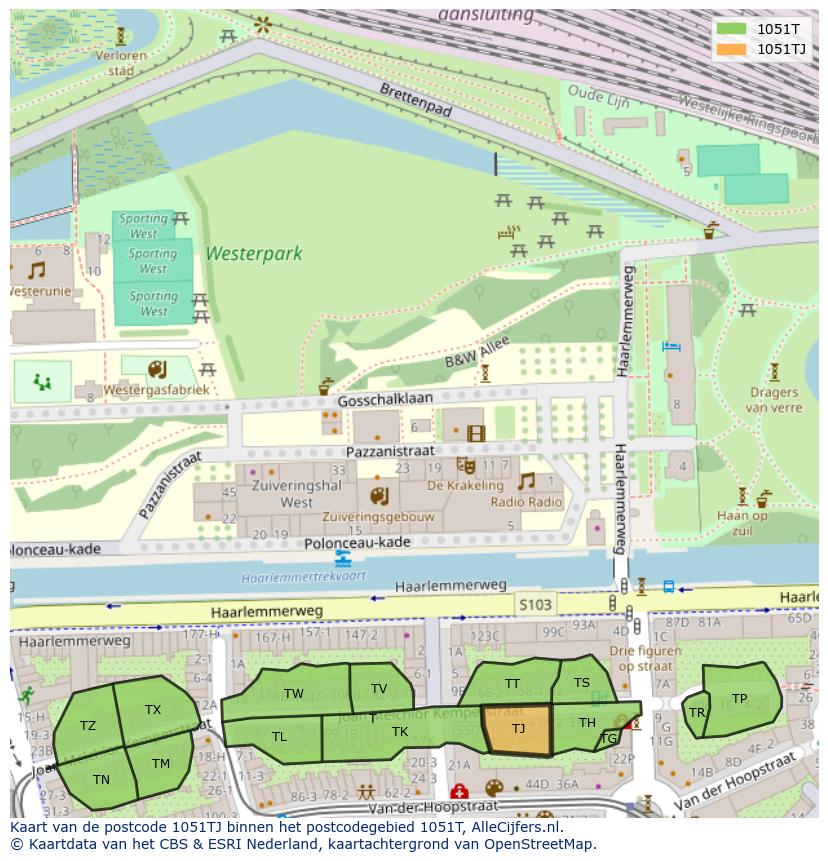 Afbeelding van het postcodegebied 1051 TJ op de kaart.