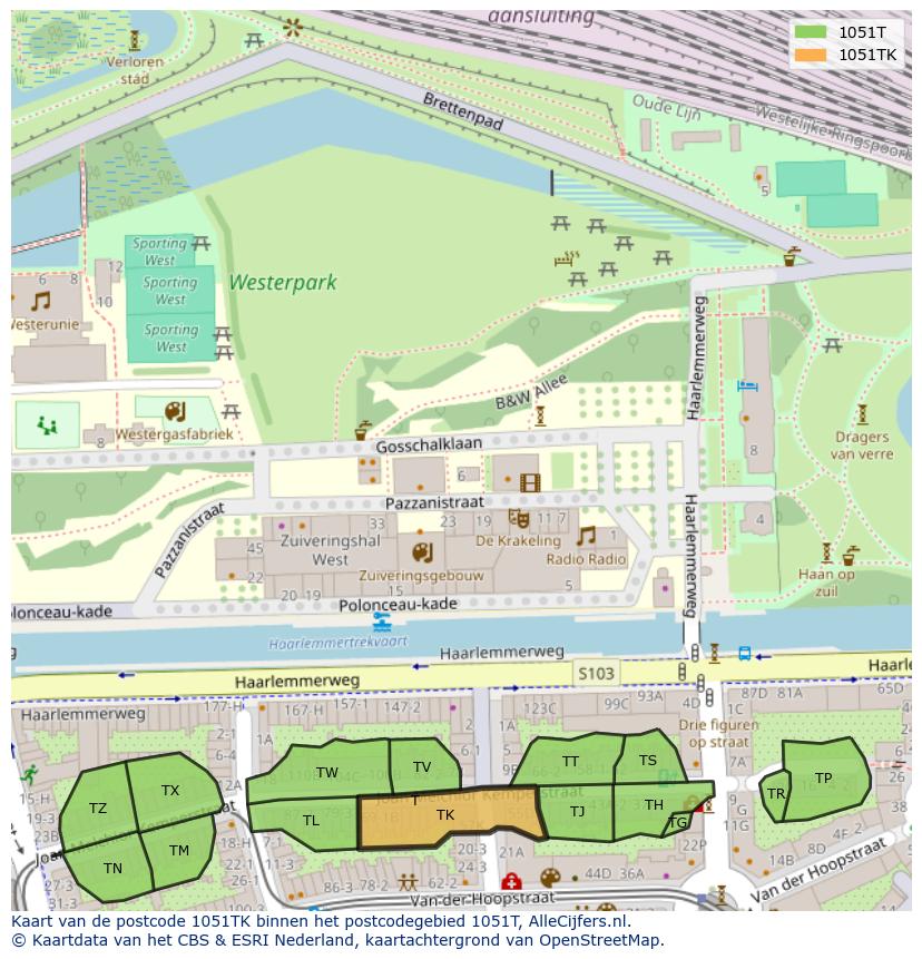 Afbeelding van het postcodegebied 1051 TK op de kaart.