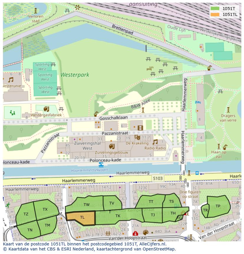 Afbeelding van het postcodegebied 1051 TL op de kaart.