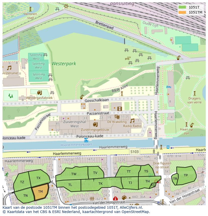 Afbeelding van het postcodegebied 1051 TM op de kaart.