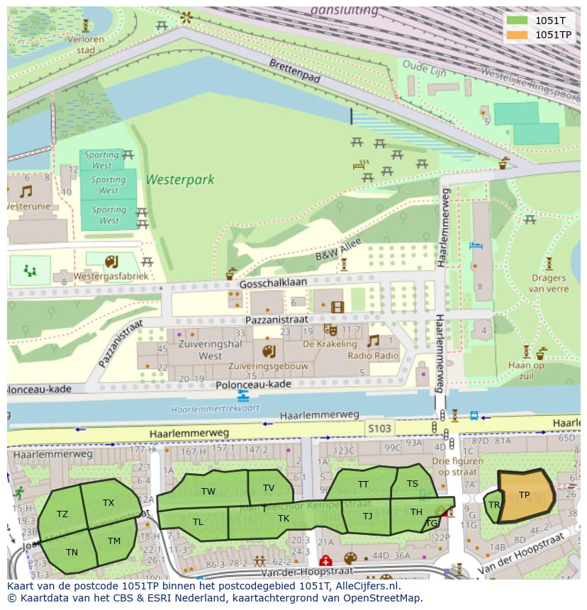 Afbeelding van het postcodegebied 1051 TP op de kaart.