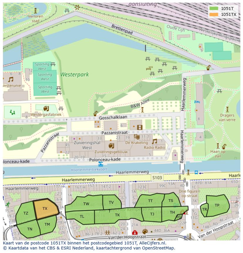 Afbeelding van het postcodegebied 1051 TX op de kaart.