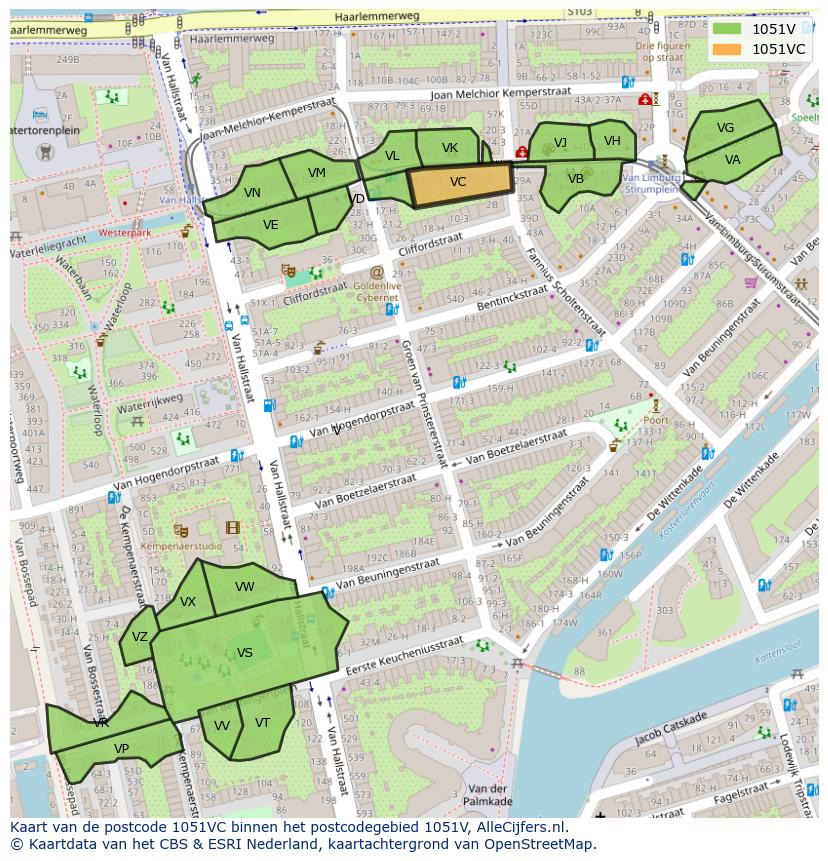 Afbeelding van het postcodegebied 1051 VC op de kaart.
