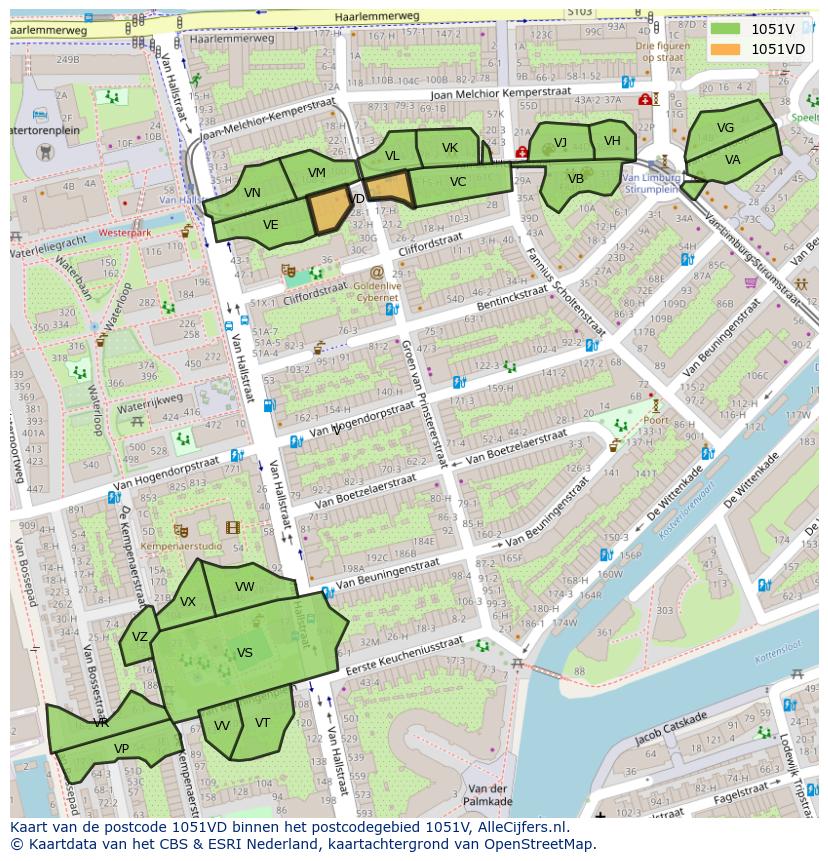 Afbeelding van het postcodegebied 1051 VD op de kaart.