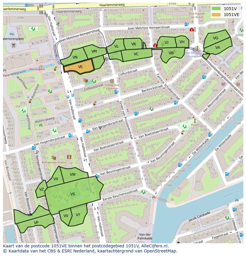 Afbeelding van het postcodegebied 1051 VE op de kaart.