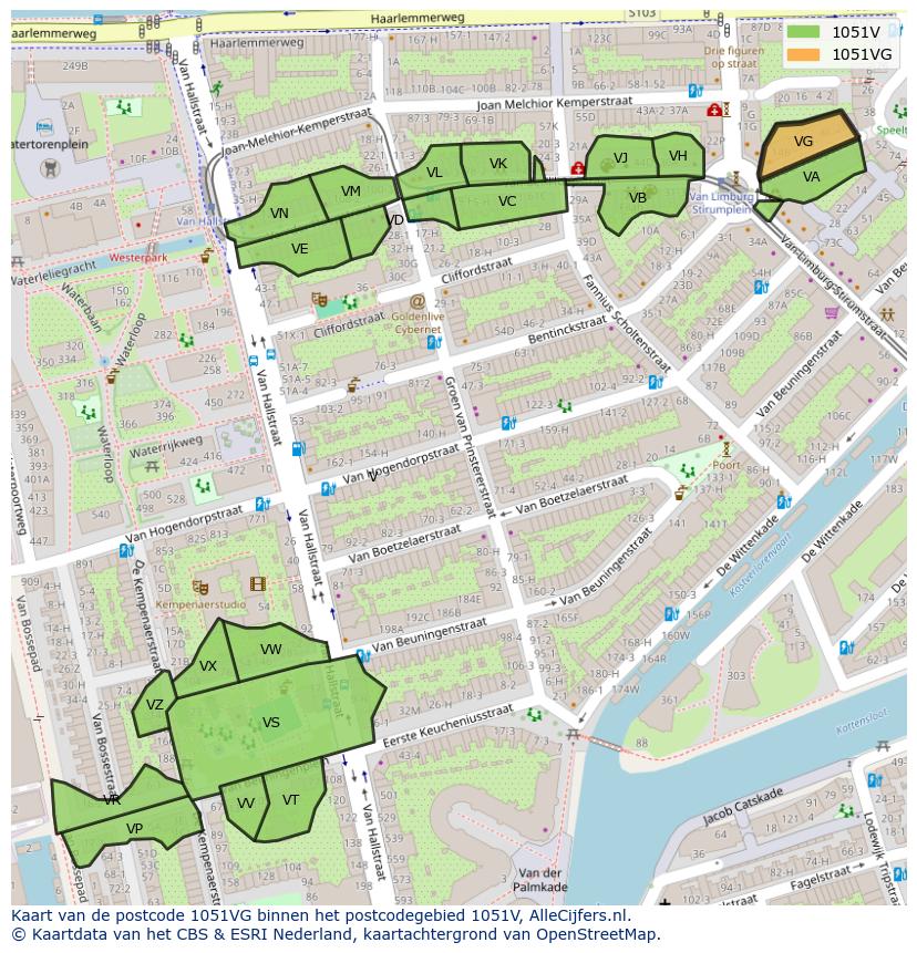 Afbeelding van het postcodegebied 1051 VG op de kaart.