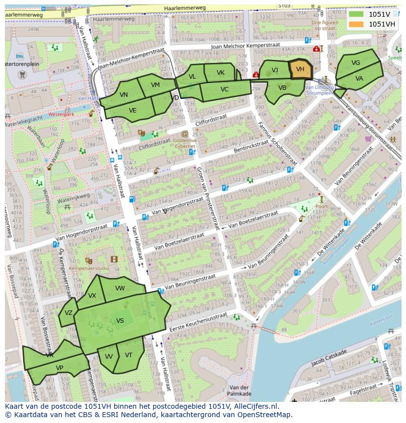 Afbeelding van het postcodegebied 1051 VH op de kaart.