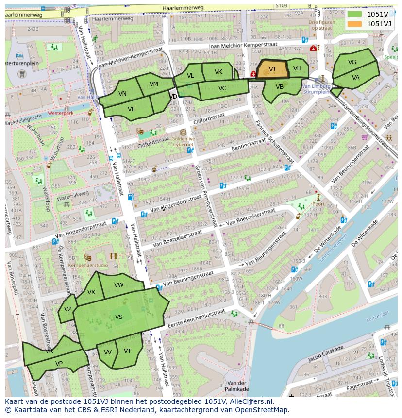 Afbeelding van het postcodegebied 1051 VJ op de kaart.
