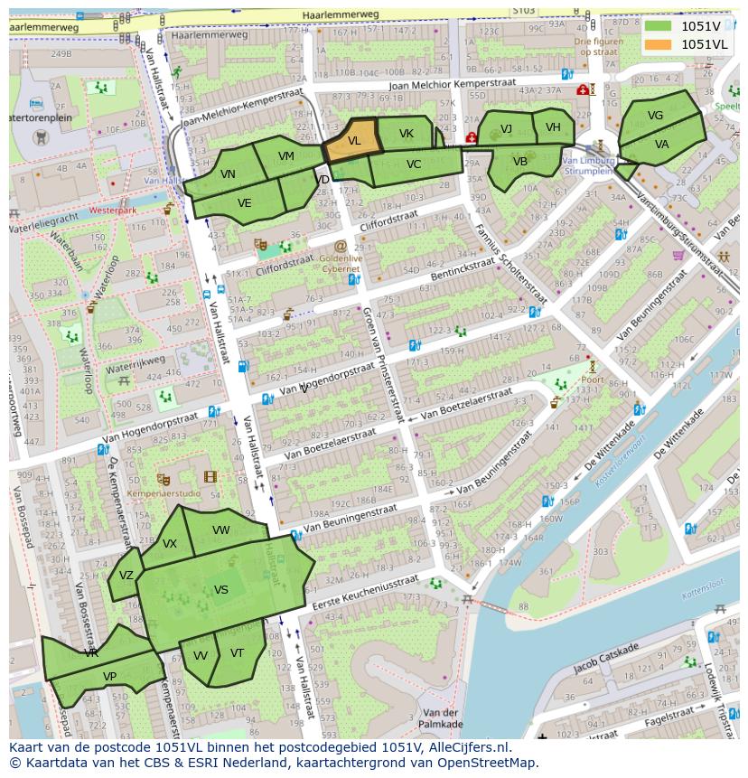 Afbeelding van het postcodegebied 1051 VL op de kaart.