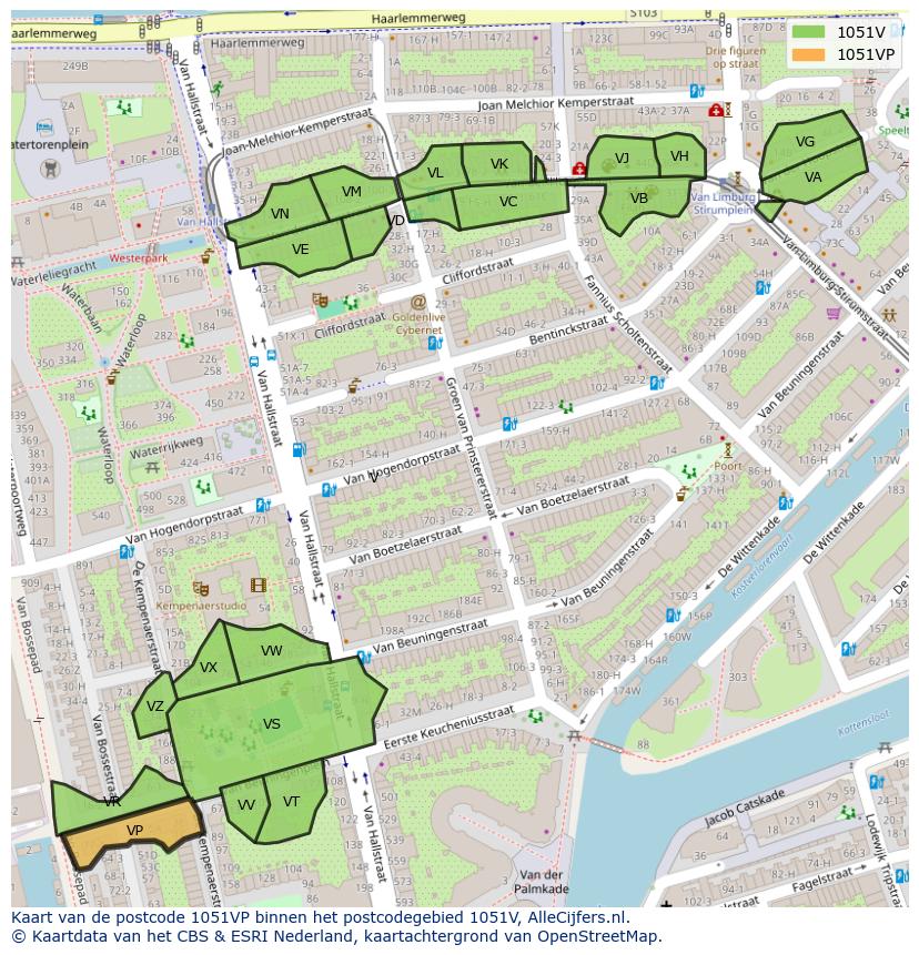 Afbeelding van het postcodegebied 1051 VP op de kaart.