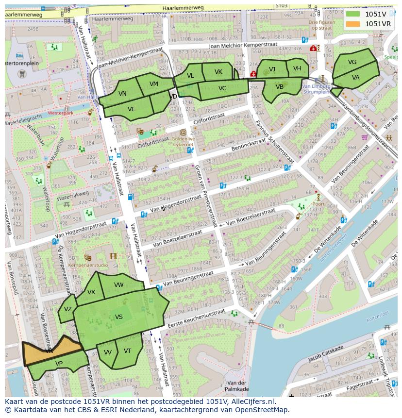 Afbeelding van het postcodegebied 1051 VR op de kaart.