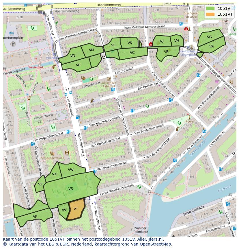 Afbeelding van het postcodegebied 1051 VT op de kaart.