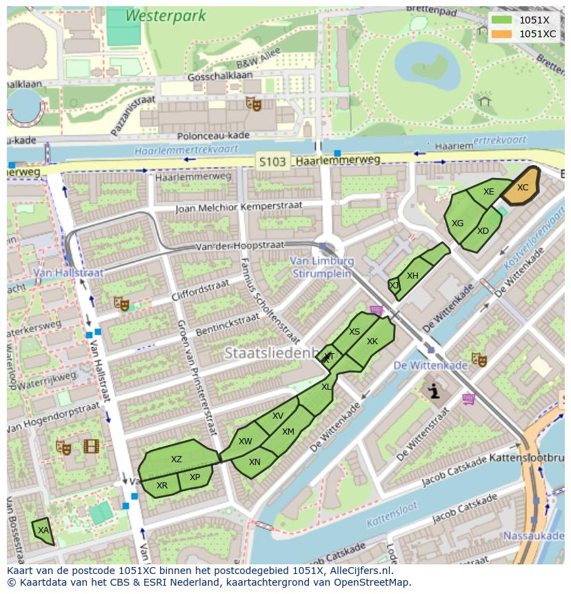 Afbeelding van het postcodegebied 1051 XC op de kaart.