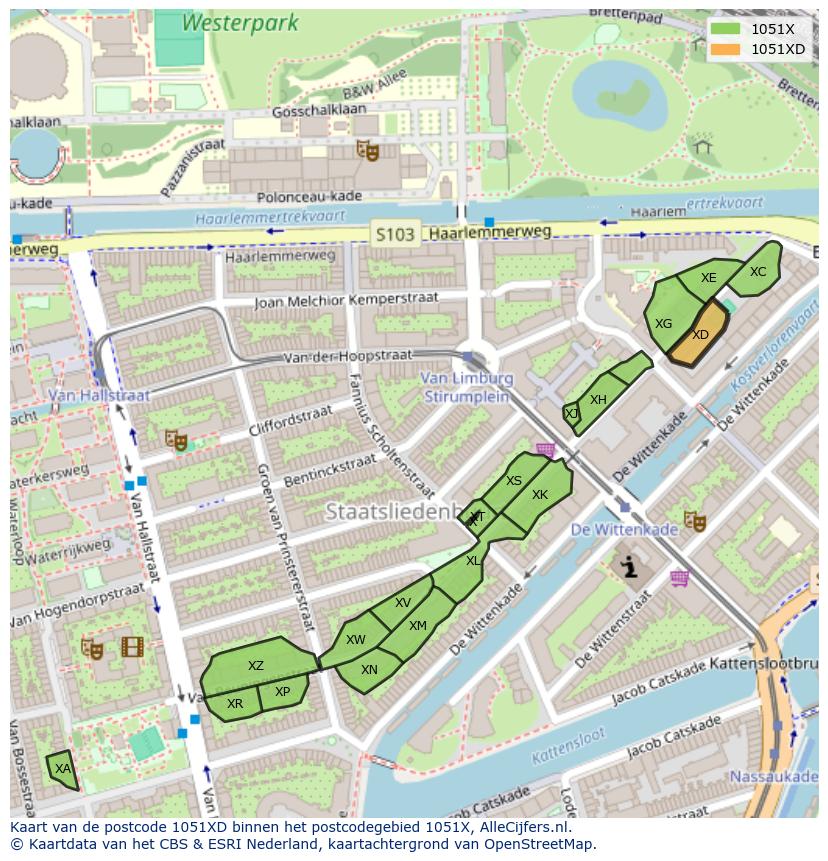Afbeelding van het postcodegebied 1051 XD op de kaart.