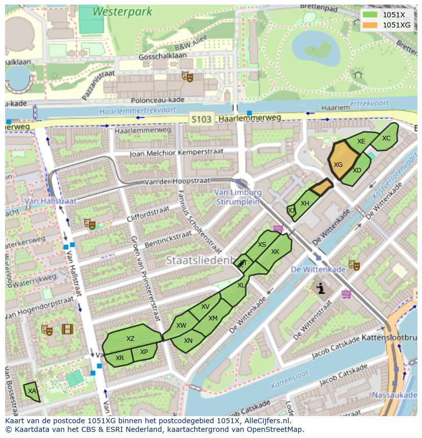 Afbeelding van het postcodegebied 1051 XG op de kaart.