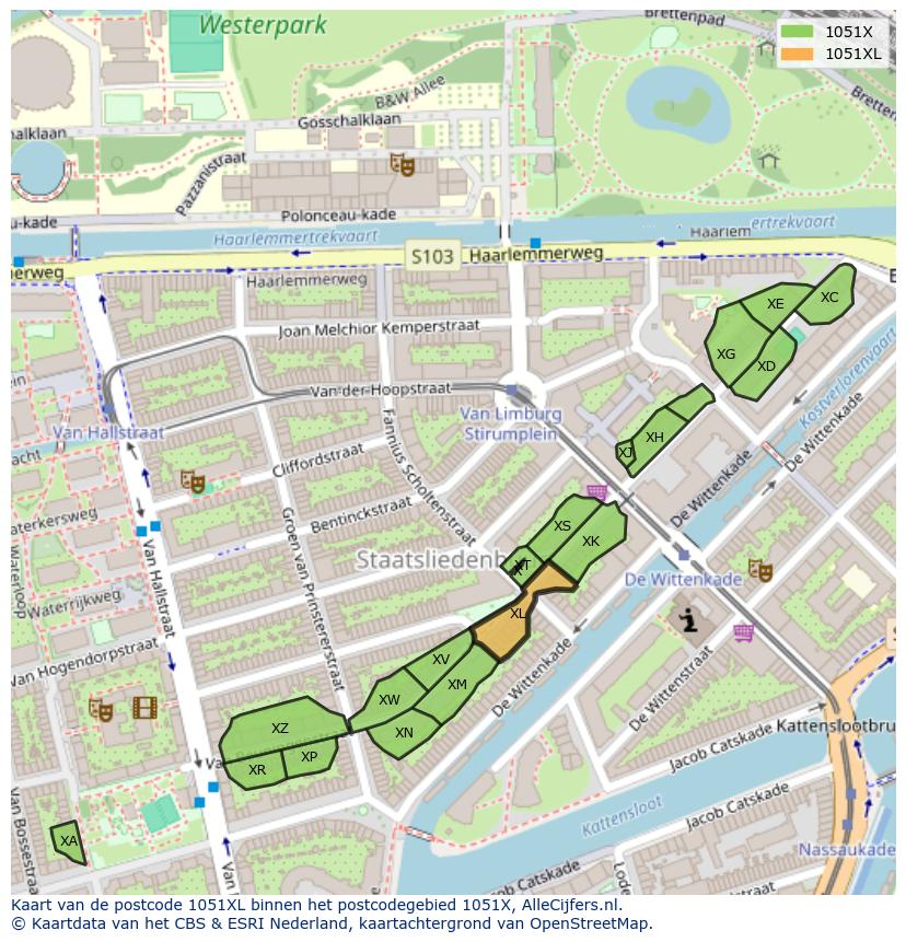 Afbeelding van het postcodegebied 1051 XL op de kaart.
