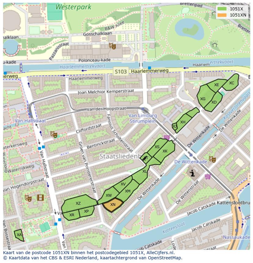 Afbeelding van het postcodegebied 1051 XN op de kaart.