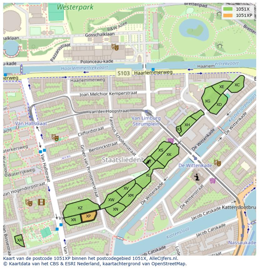 Afbeelding van het postcodegebied 1051 XP op de kaart.