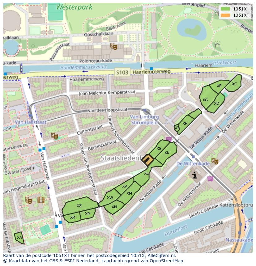 Afbeelding van het postcodegebied 1051 XT op de kaart.