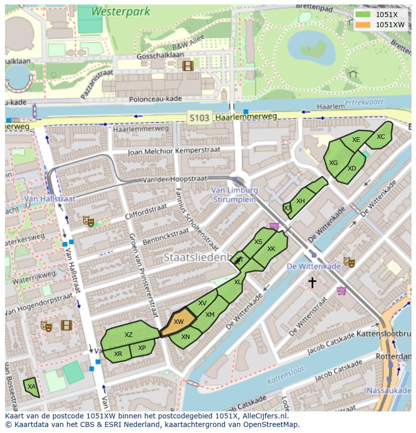 Afbeelding van het postcodegebied 1051 XW op de kaart.