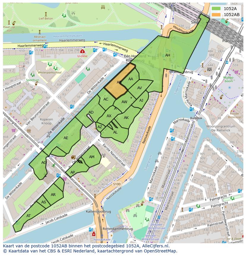 Afbeelding van het postcodegebied 1052 AB op de kaart.