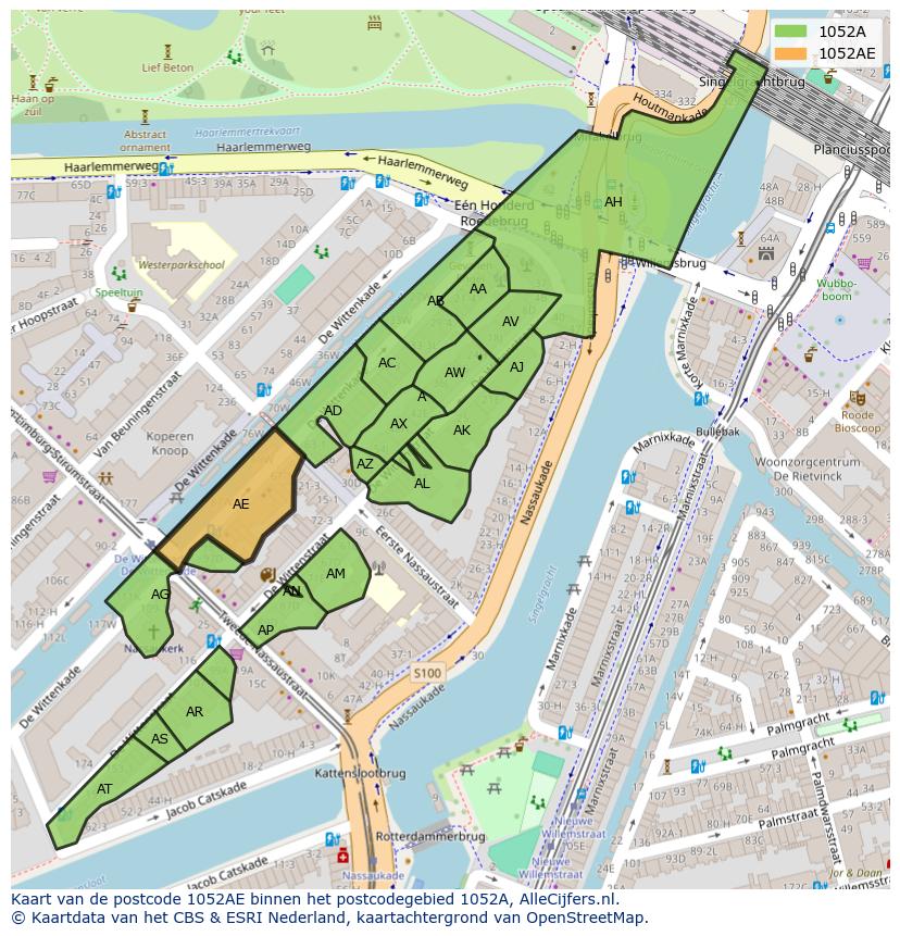 Afbeelding van het postcodegebied 1052 AE op de kaart.
