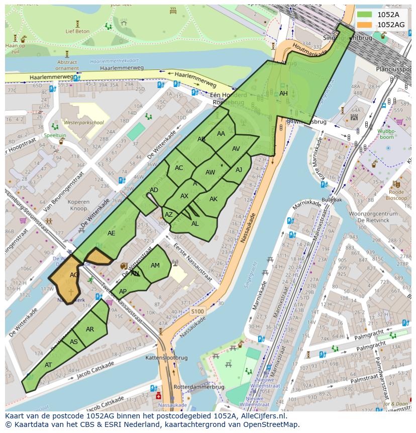 Afbeelding van het postcodegebied 1052 AG op de kaart.