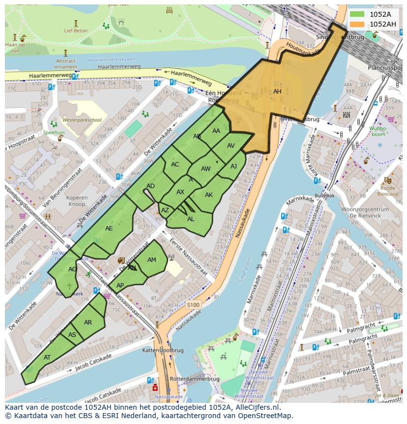 Afbeelding van het postcodegebied 1052 AH op de kaart.